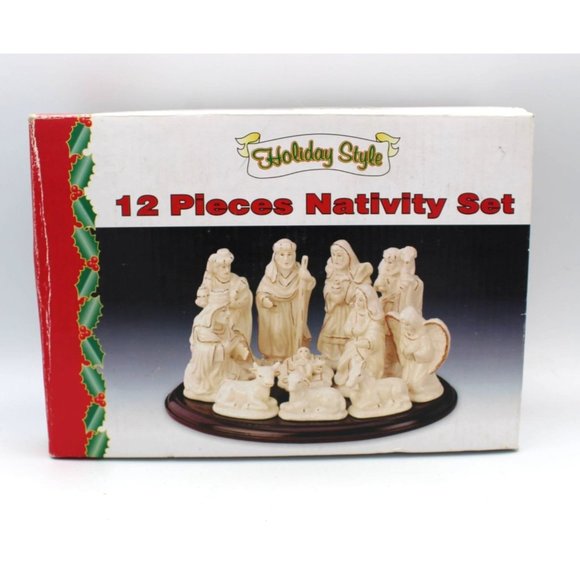Nativity Set Holiday Style Wooden Base White Porcelain with Gold Color Accents - Picture 2 of 16